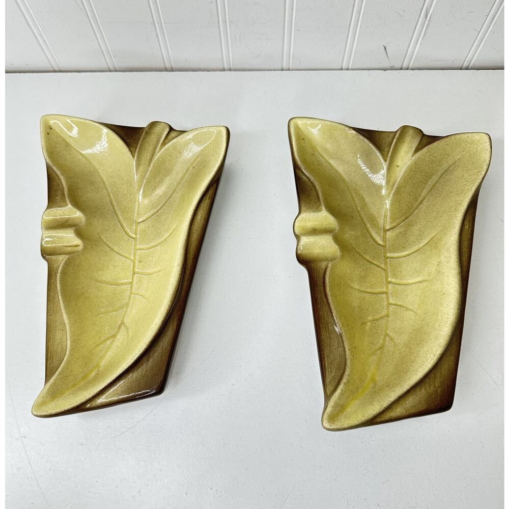 Vintage Ashtray Pair Set Mid Century Modern Ceramic Leaf 1950s 1960s Atomic Age